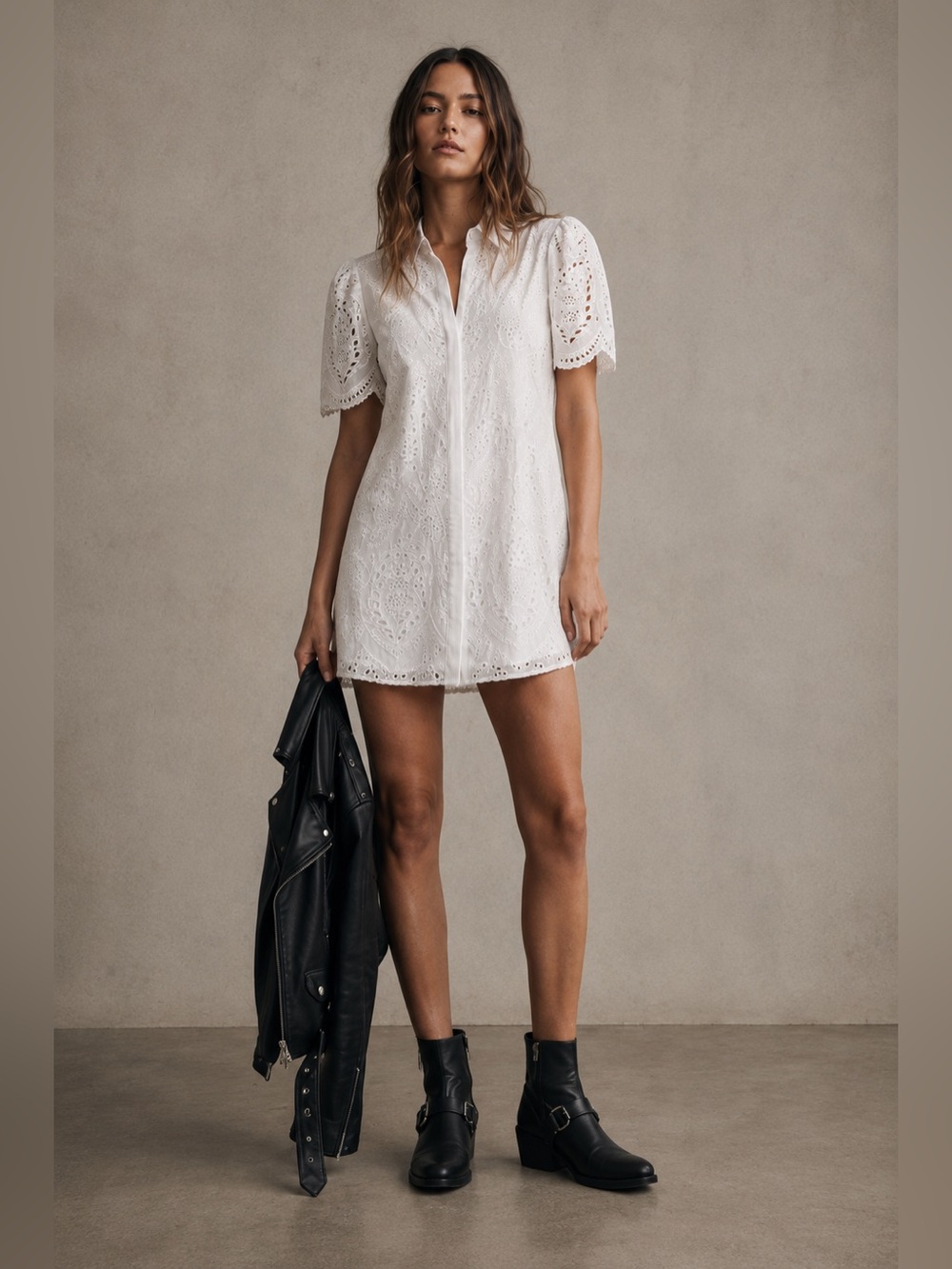 ALLSAINTS Cecee White Eyelet Mini Shirt Dress US 2 UK 6 EU 34 - Picture 1 of 12
